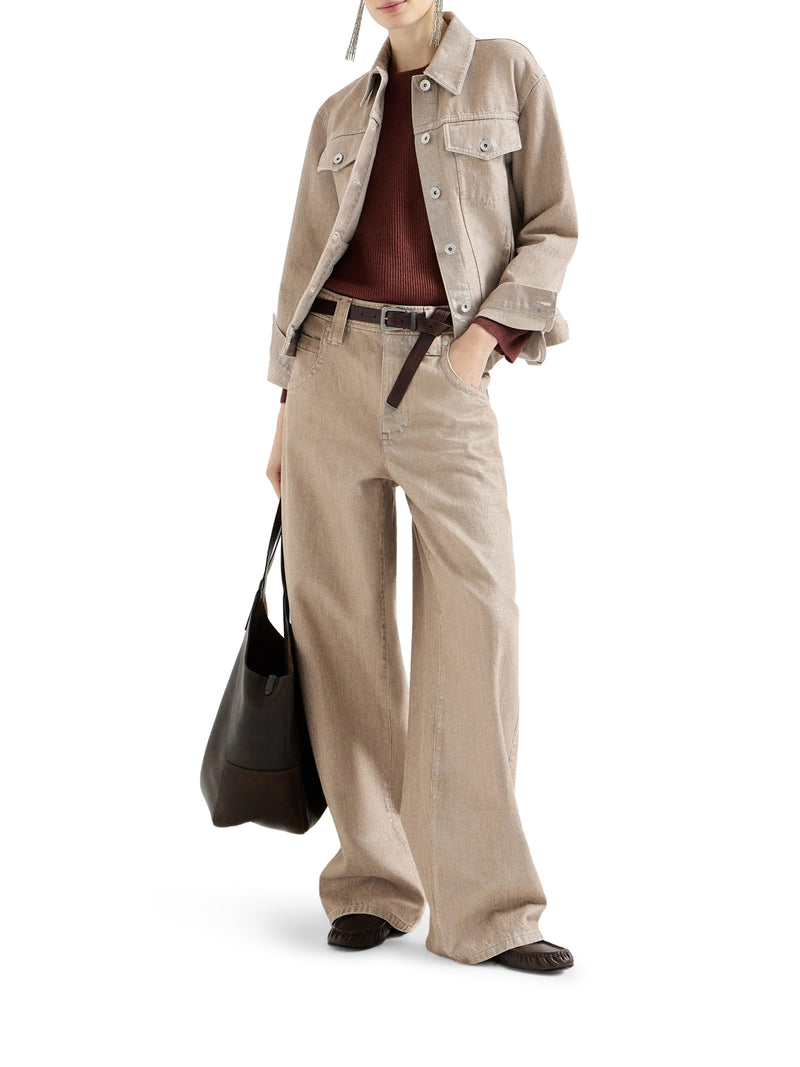 BEIGE LAMÉ DENIM BAGGY TROUSERS WITH EMBELLISHMENT