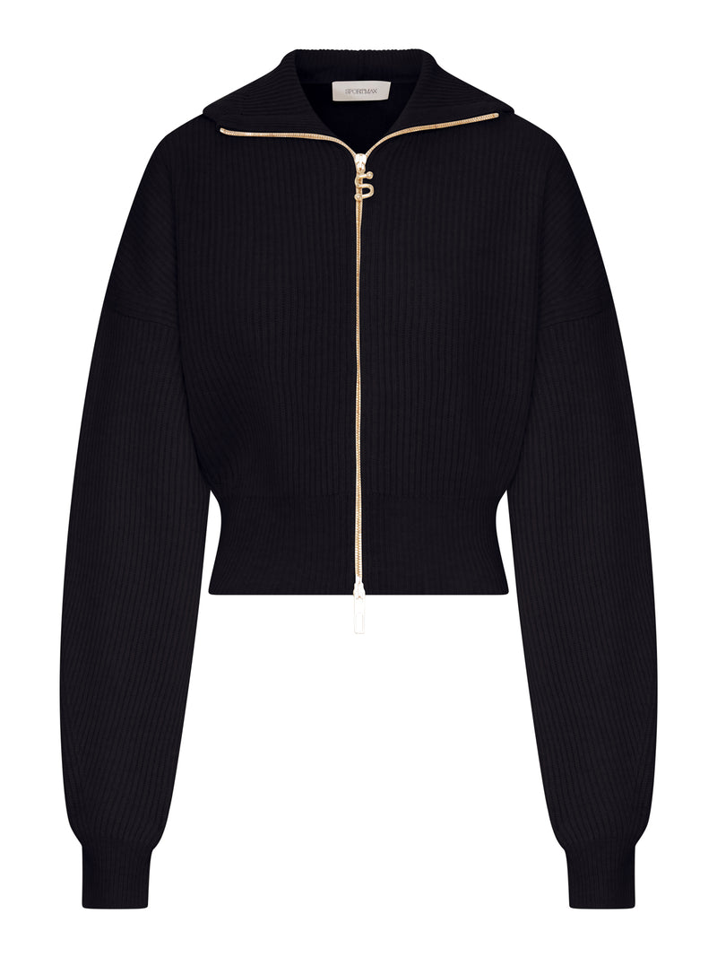 RIBBED WOOL CARDIGAN WITH WIDE COLLAR