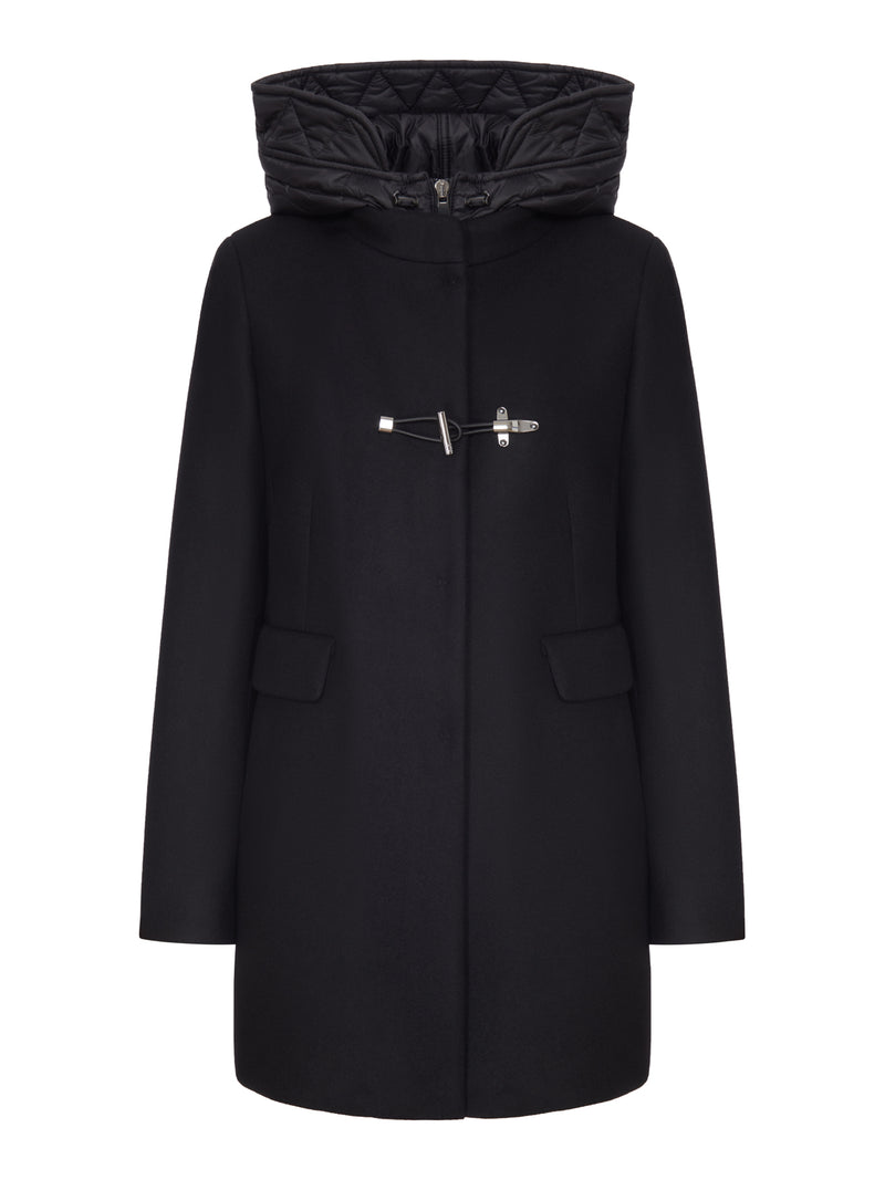 LONG WOOL BLEND COAT WITH HOOD AND METAL CLOSURE