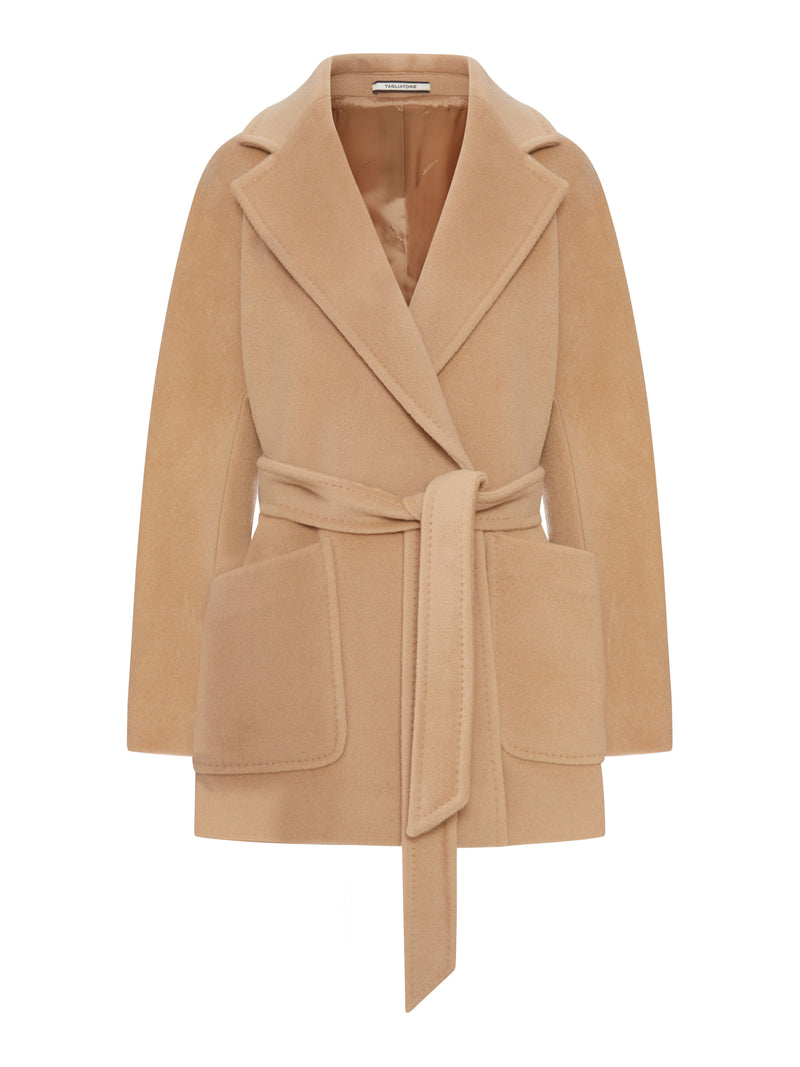 SHORT BELTED WOOL-SILK BLEND COAT
