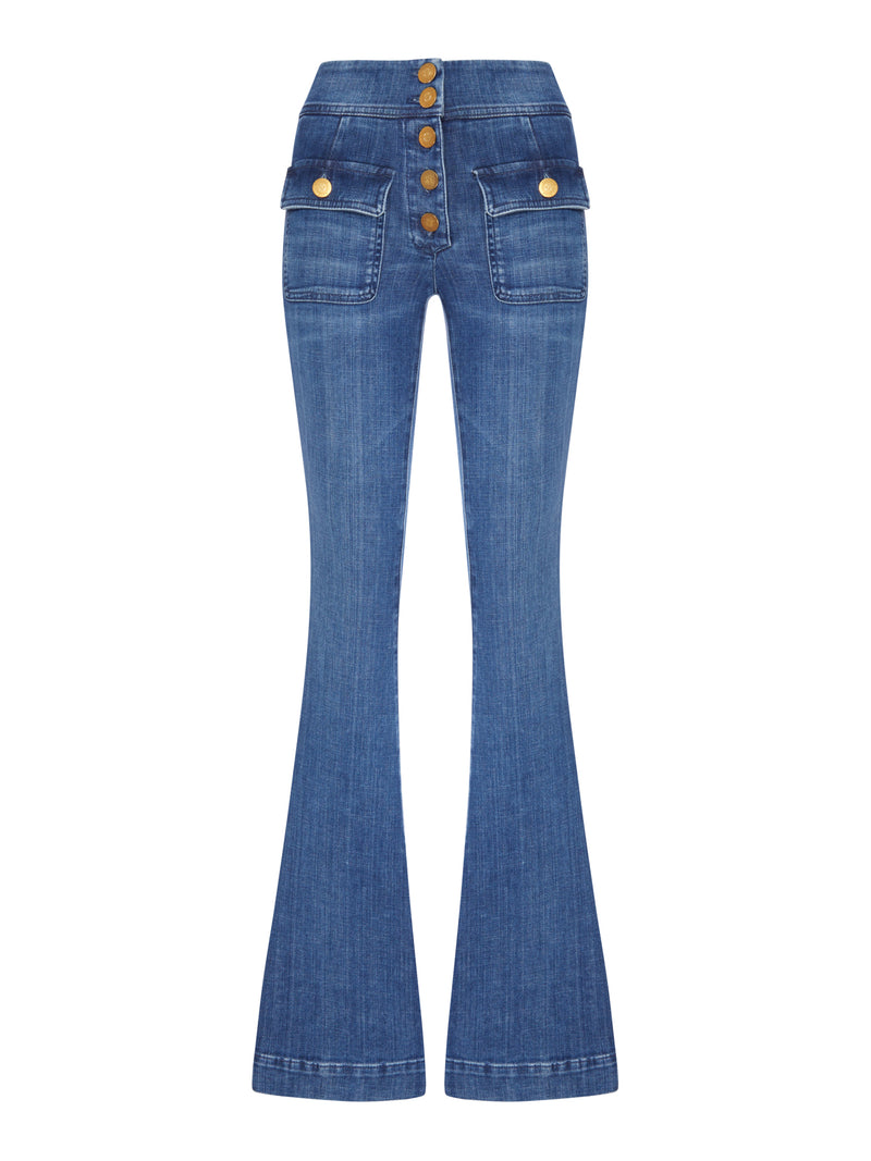 FLARE DENIM JEANS WITH GOLD BUTTONS