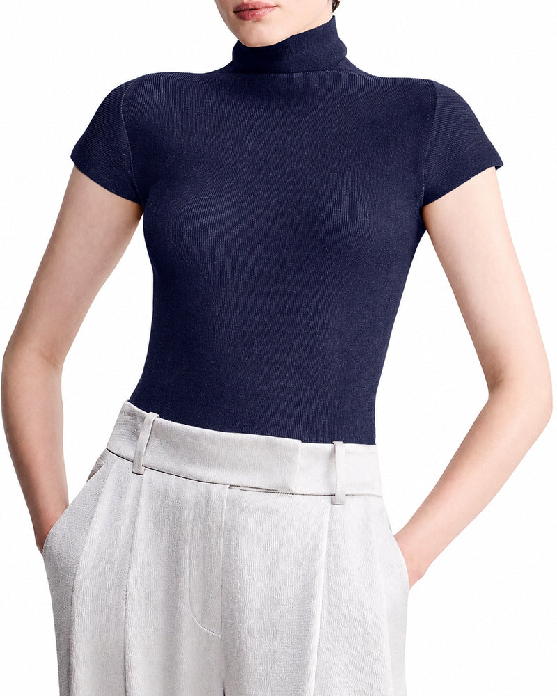 ENGLISH RIBBED VISCOSE TURTLENECK TOP WITH SHORT SLEEVES