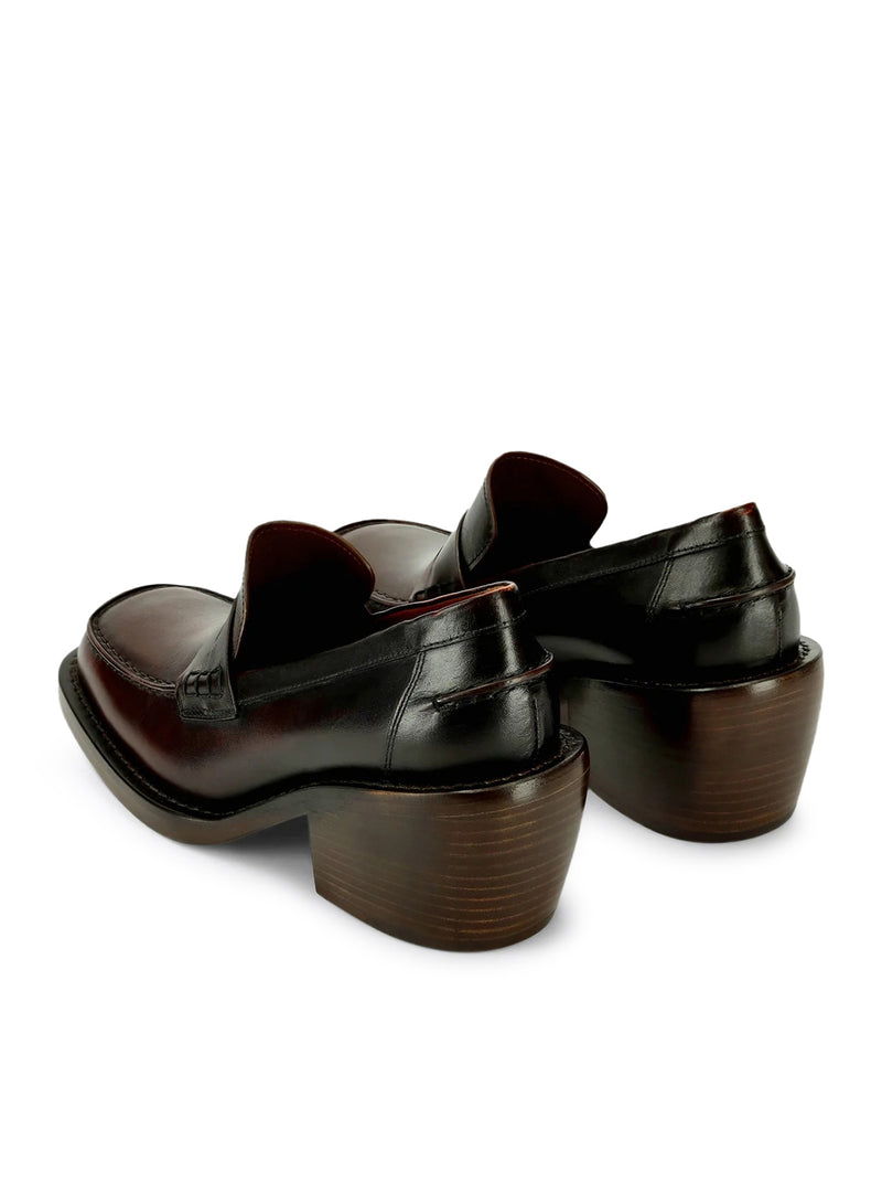 LEATHER PENNY LOAFERS WITH A SQUARE TOE, ROUNDED BLOCK HEEL, AND SHADED EFFECT