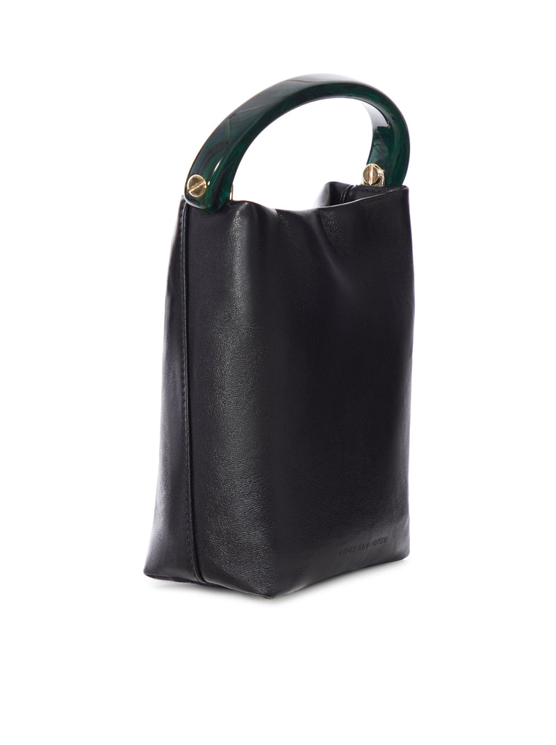 LEATHER BUCKET BAG WITH RIGID HANDLE