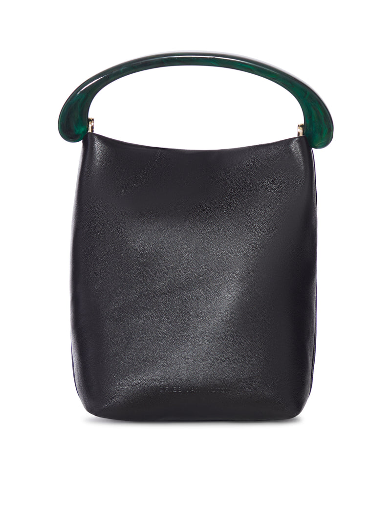 LEATHER BUCKET BAG WITH RIGID HANDLE