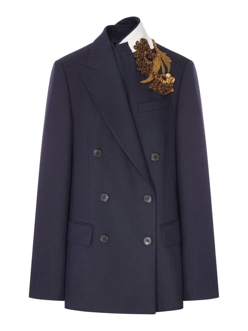 NAVY BLUE DOUBLE-BREASTED BLAZER WITH JEWEL APPLIQUE