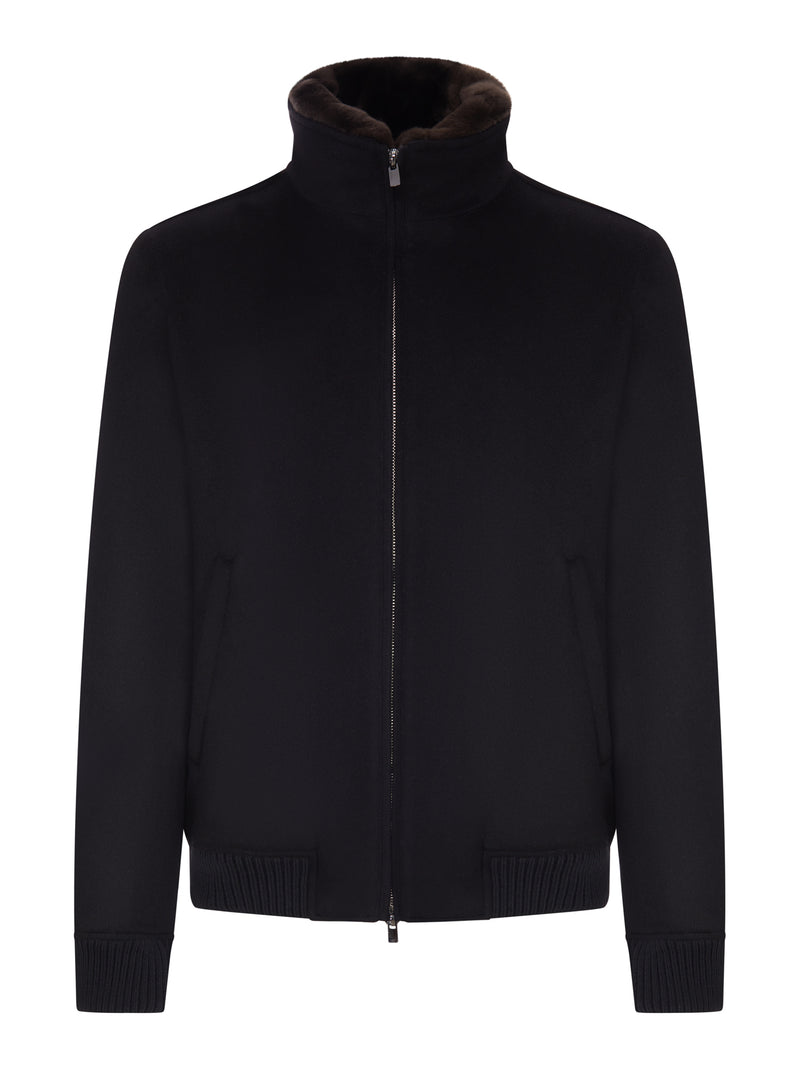 CASHMERE BOMBER JACKET WITH FUR-EFFECT COLLAR
