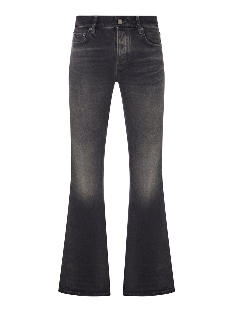 WASHED DENIM FLARE JEANS WITH POCKETS