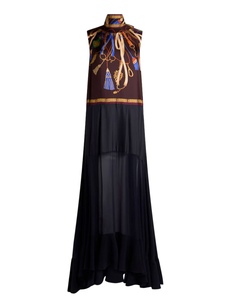 LONG SILK DRESS WITH A SEE-THROUGH SKIRT AND PLACEMENT PRINT