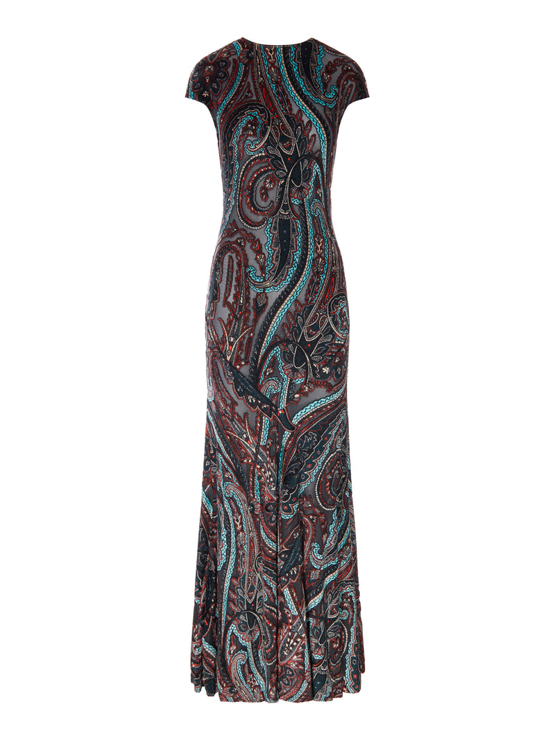 LONG PAISLEY PRINT DRESS WITH SHORT SLEEVES
