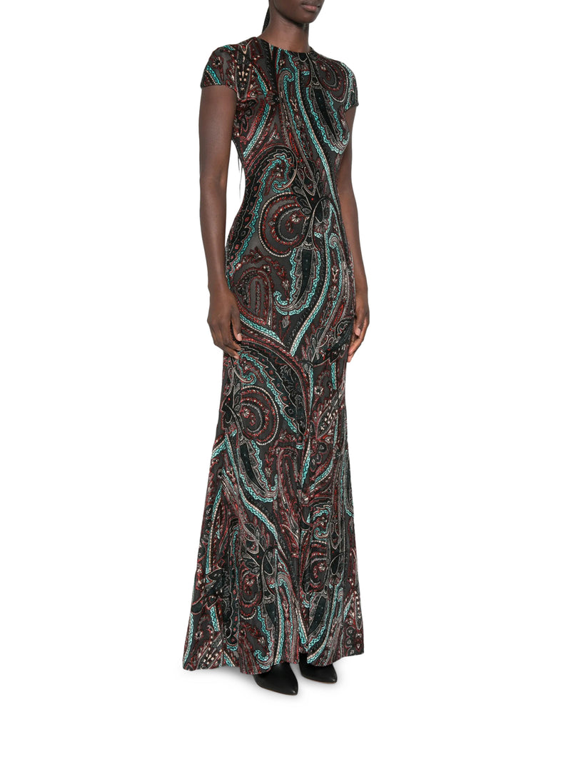 LONG PAISLEY PRINT DRESS WITH SHORT SLEEVES