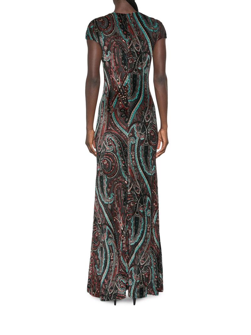 LONG PAISLEY PRINT DRESS WITH SHORT SLEEVES