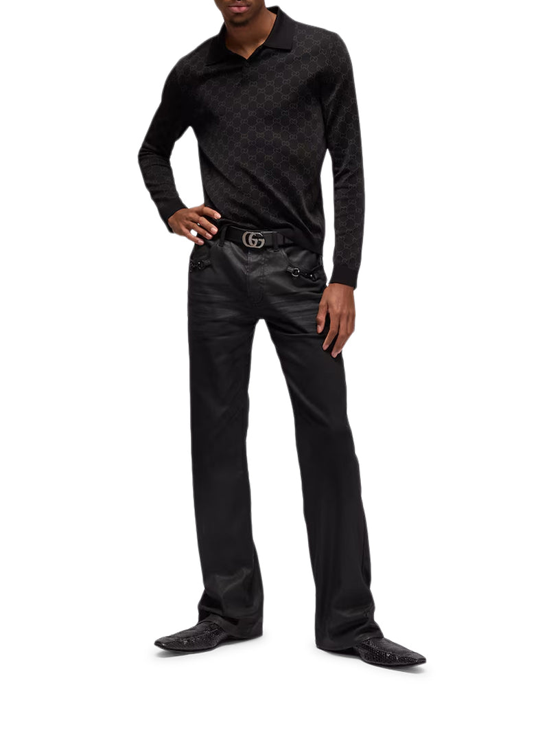 COATED COTTON DENIM FLARE TROUSERS