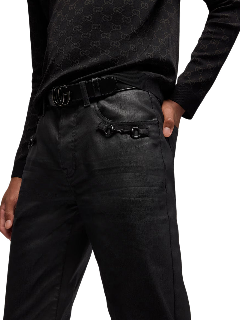 COATED COTTON DENIM FLARE TROUSERS