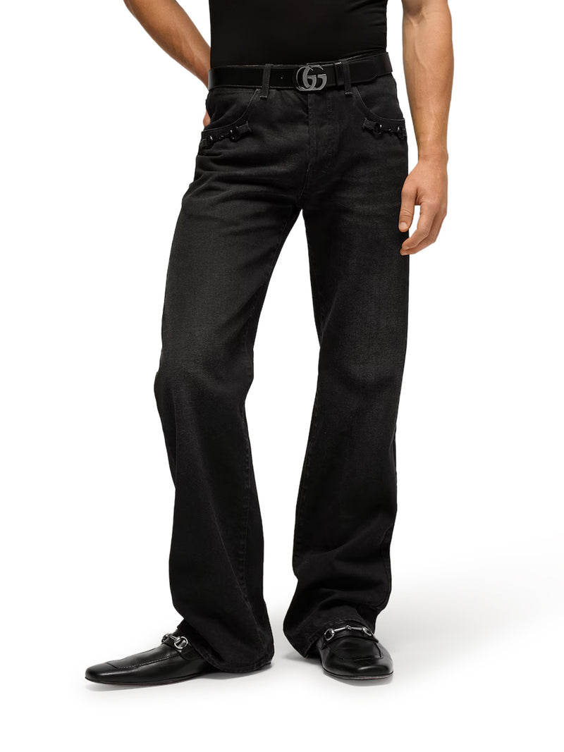COTTON DENIM FLARE TROUSERS WITH HORSEBIT DETAIL