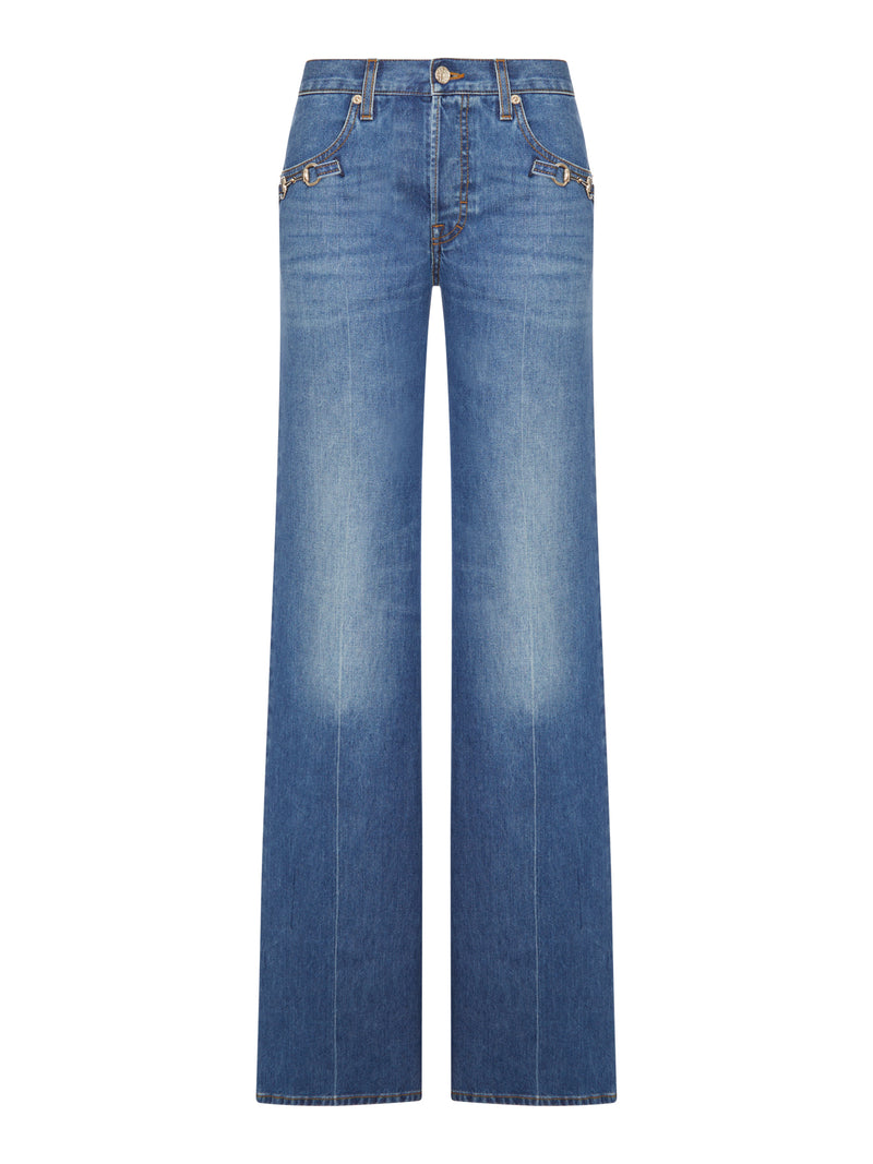 COTTON DENIM BOOTCUT TROUSERS WITH HORSEBIT DETAIL