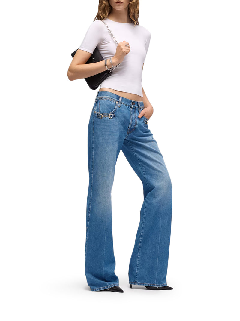 COTTON DENIM BOOTCUT TROUSERS WITH HORSEBIT DETAIL
