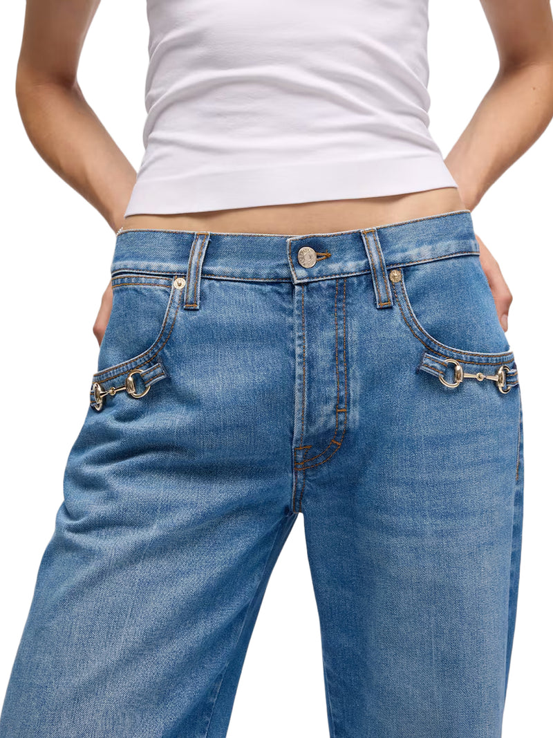 COTTON DENIM BOOTCUT TROUSERS WITH HORSEBIT DETAIL