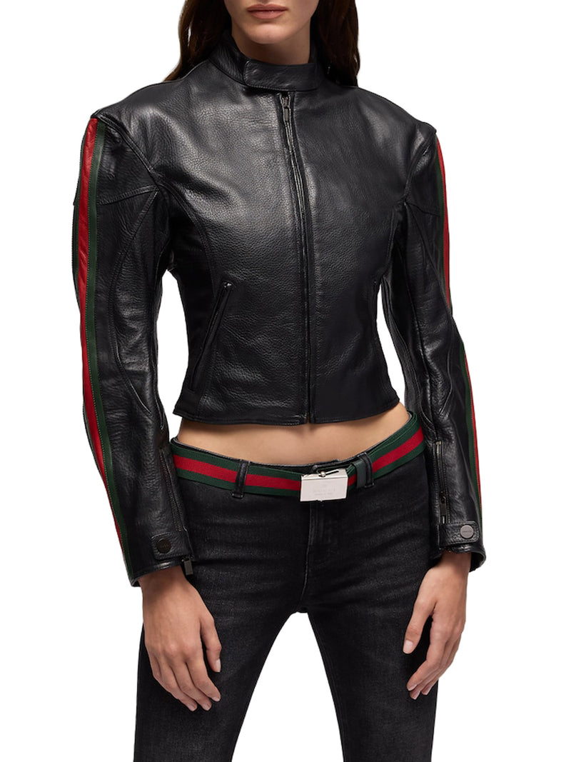 LEATHER BIKER JACKET WITH WEB STRIPE