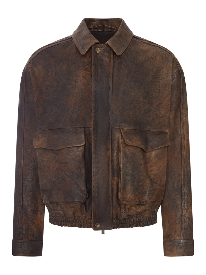 VINTAGE-EFFECT LEATHER BOMBER JACKET