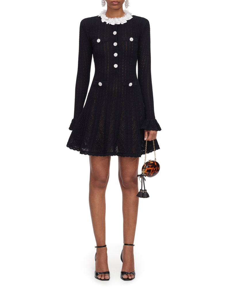 SHORT DRESS IN OPENWORK KNIT WITH FLORAL COLLAR AND JEWEL BUTTONS