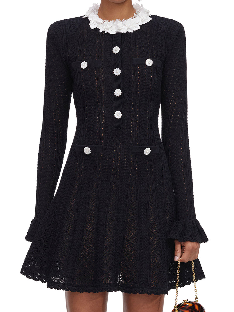 SHORT DRESS IN OPENWORK KNIT WITH FLORAL COLLAR AND JEWEL BUTTONS