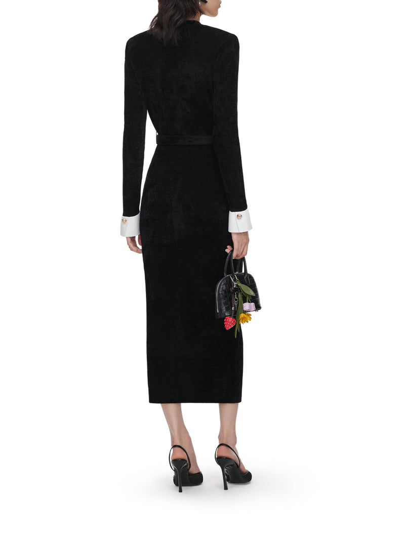VELVET MIDI DRESS WITH JEWEL BUTTONS AND BELT