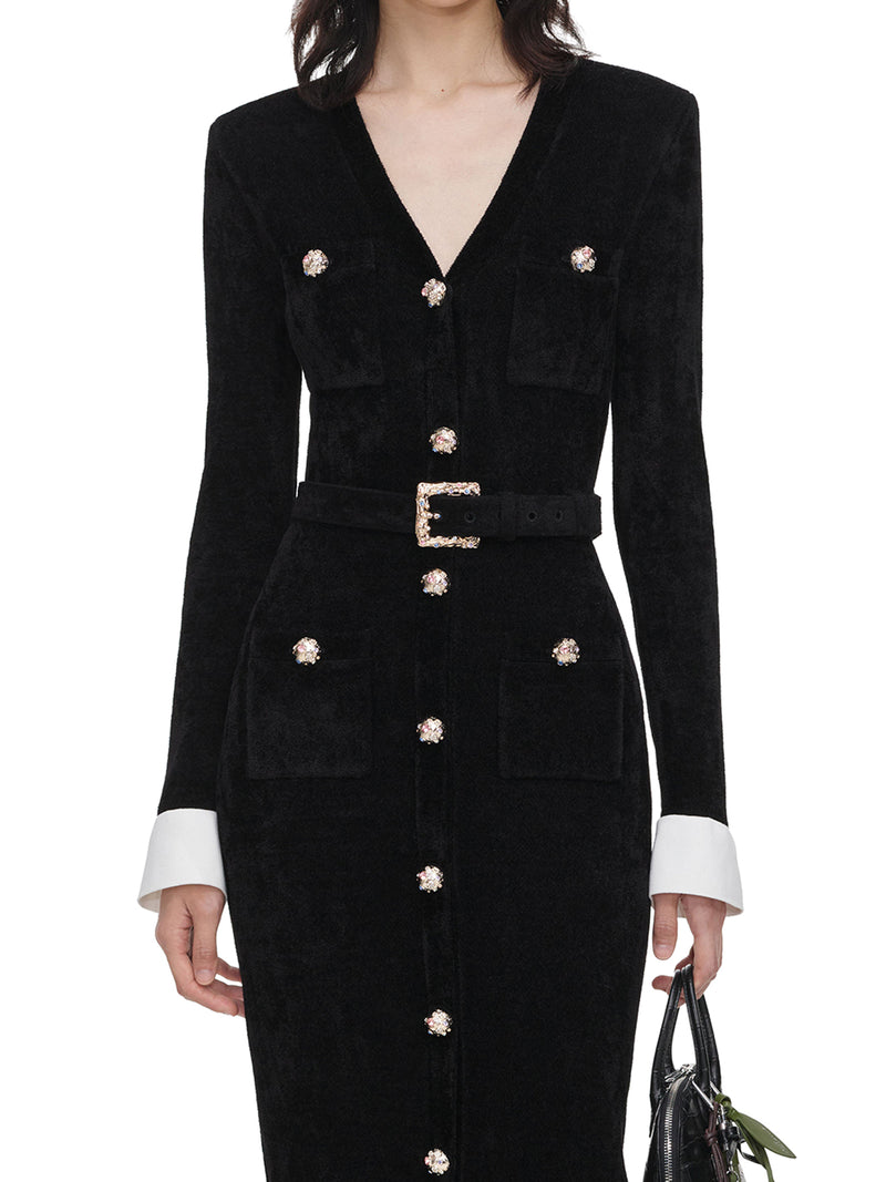 VELVET MIDI DRESS WITH JEWEL BUTTONS AND BELT