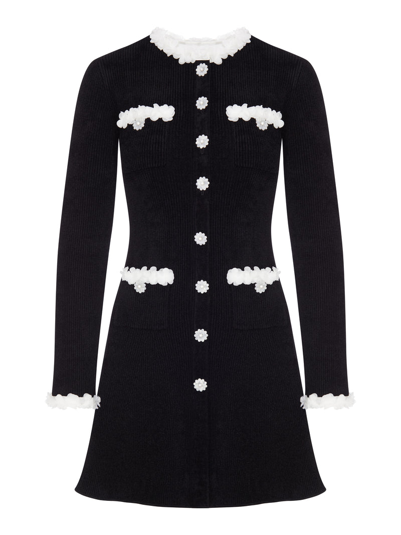 SHORT RIBBED KNIT DRESS WITH FLORAL PROFILES AND JEWEL BUTTONS