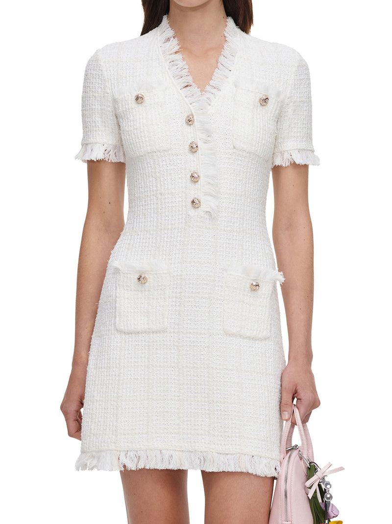 SHORT TWEED DRESS WITH JEWEL BUTTONS AND FRINGED EDGES