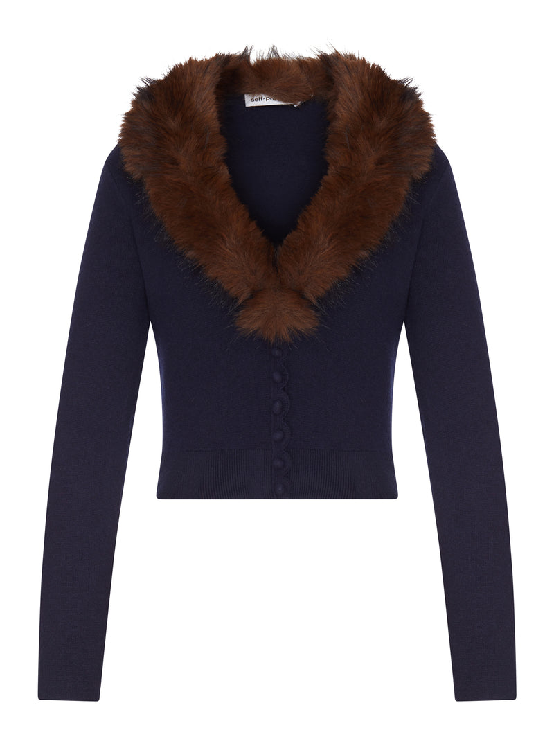 SHORT KNIT CARDIGAN WITH FAUX FUR COLLAR