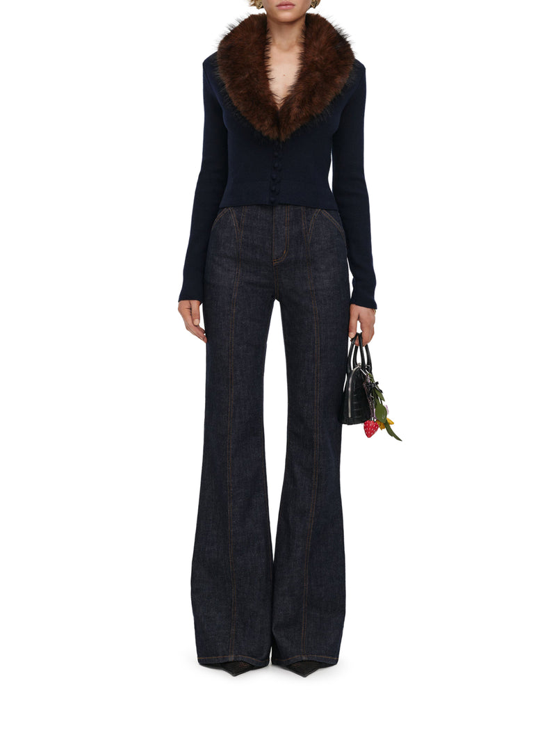 SHORT KNIT CARDIGAN WITH FAUX FUR COLLAR