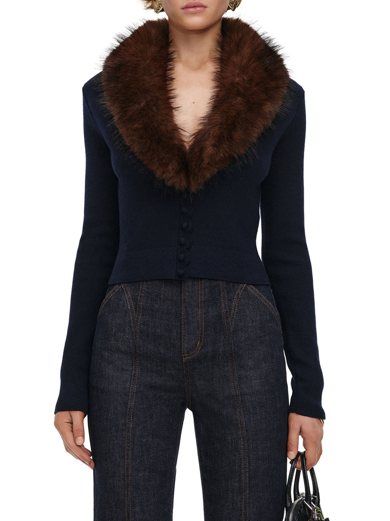 SHORT KNIT CARDIGAN WITH FAUX FUR COLLAR