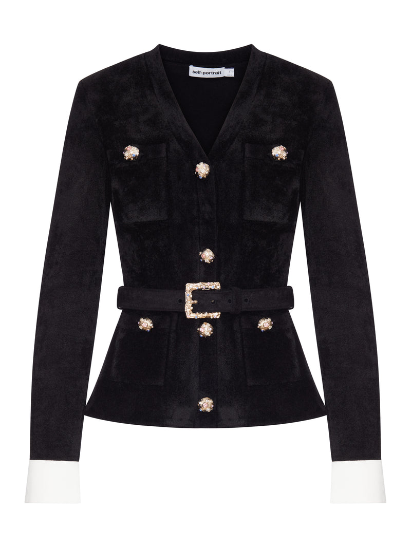 VELVET JACKET WITH JEWEL BUTTONS AND BELT