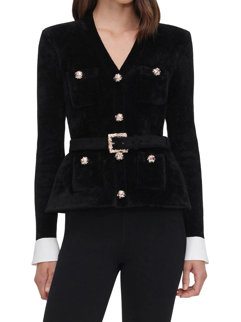 VELVET JACKET WITH JEWEL BUTTONS AND BELT