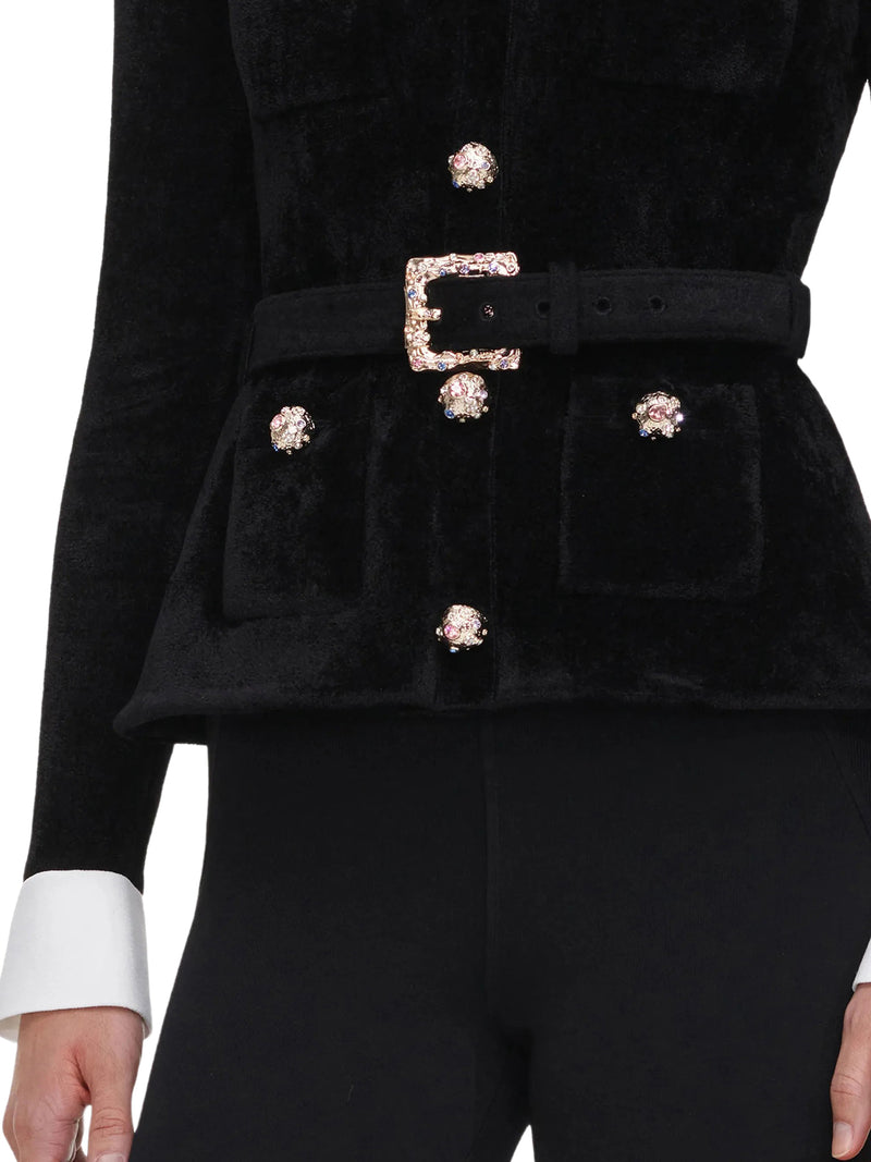 VELVET JACKET WITH JEWEL BUTTONS AND BELT