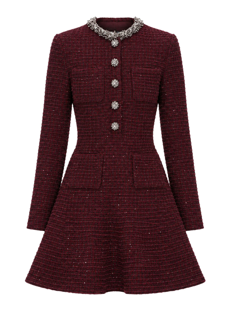 BORDEAUX KNITTED MINI-DRESS WITH EMBELLISHMENTS