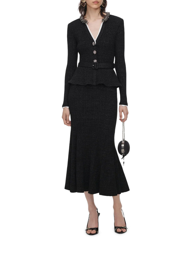 BLACK RIBBED KNIT MIDI DRESS WITH LUREX