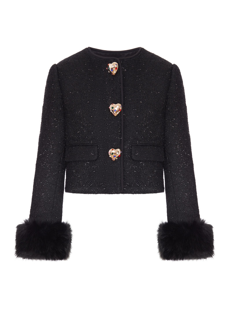 SHORT TWEED JACKET WITH JEWEL BUTTONS AND FAUX FUR CUFFS