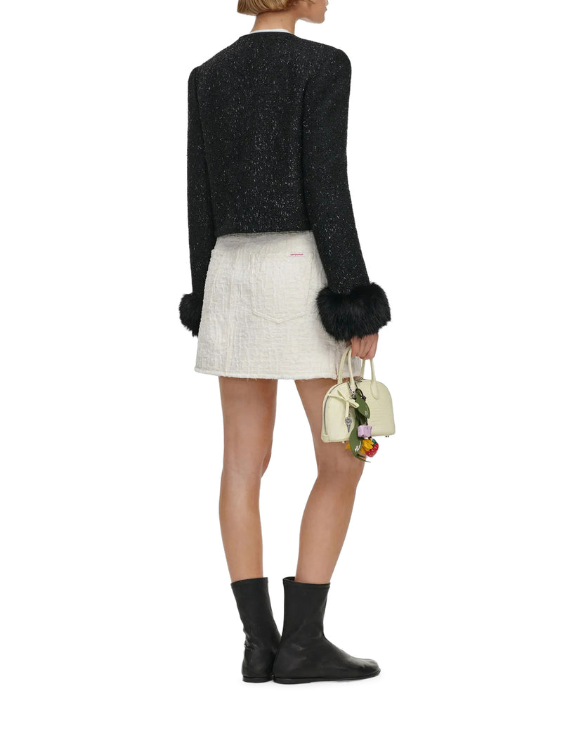 SHORT TWEED JACKET WITH JEWEL BUTTONS AND FAUX FUR CUFFS
