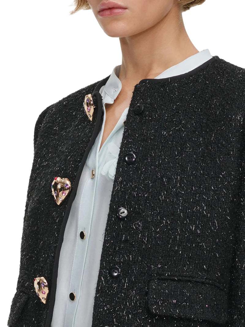 SHORT TWEED JACKET WITH JEWEL BUTTONS AND FAUX FUR CUFFS