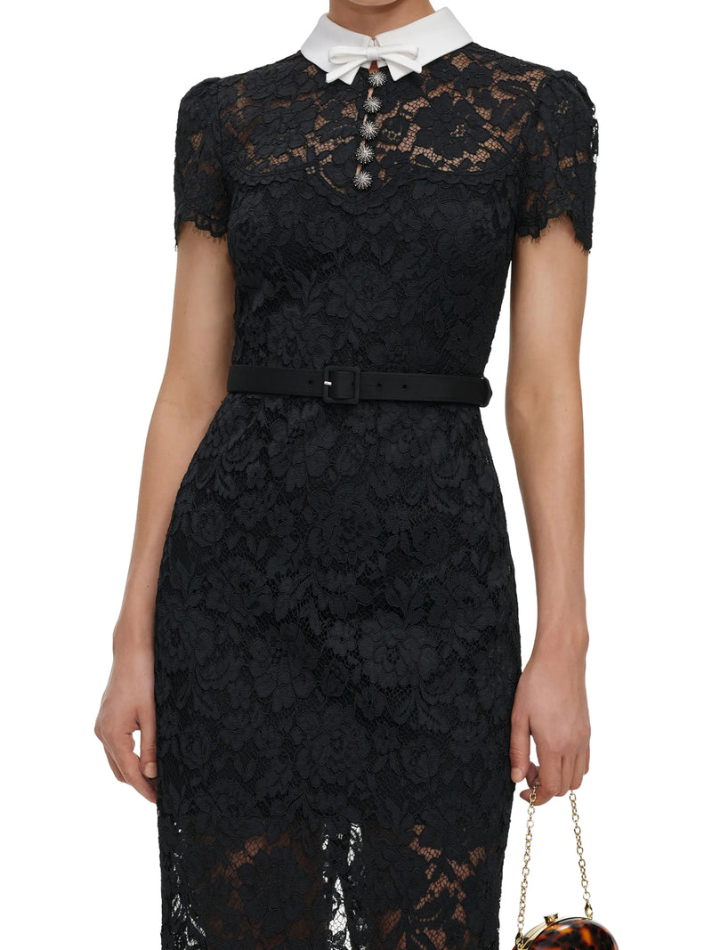 BLACK LACE MIDI DRESS WITH CONTRASTING COLLAR