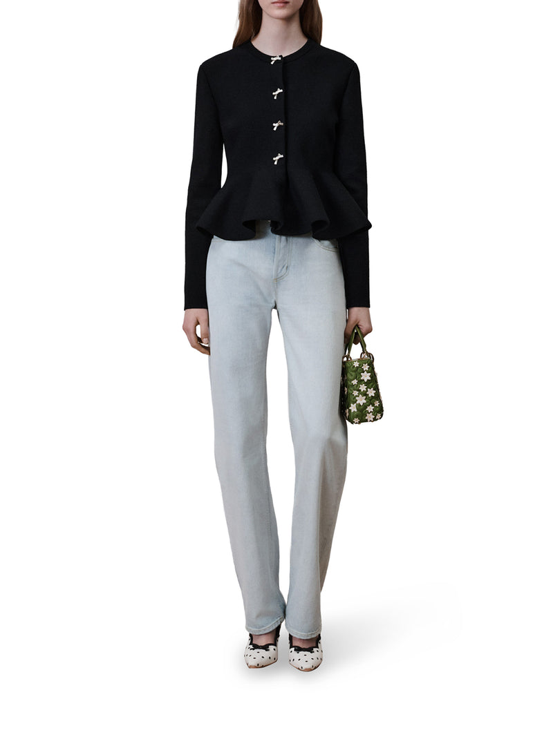 BLACK VIRGIN WOOL-BLEND KNIT PEPLUM JACKET