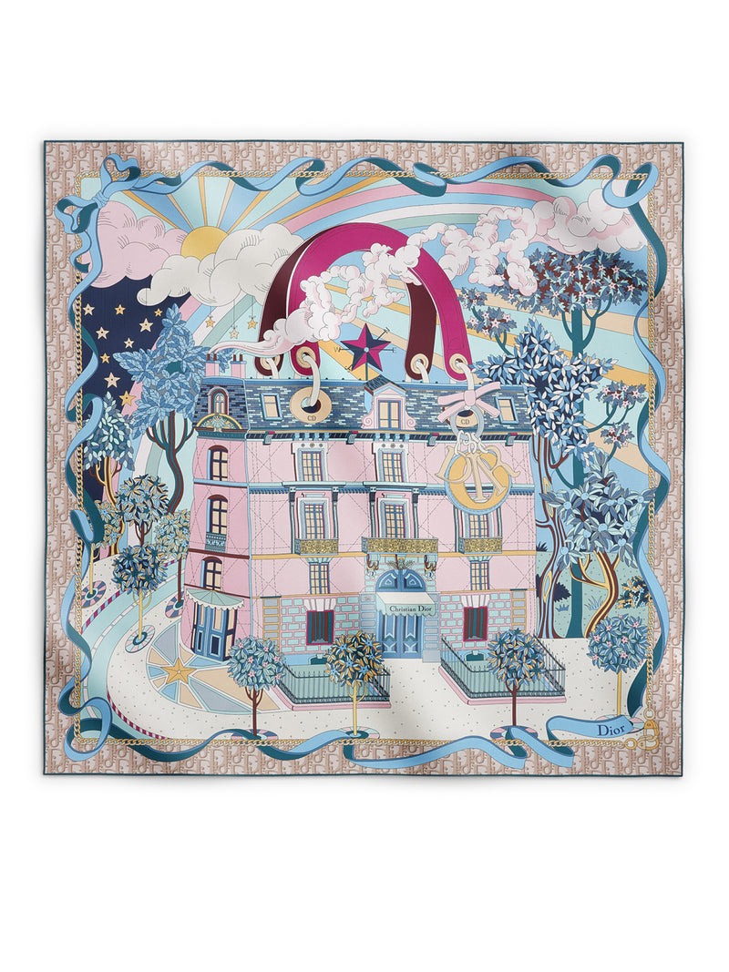AVENUE 90 SQUARE SCARF IN PINK AND MULTICOLORED SILK TWILL