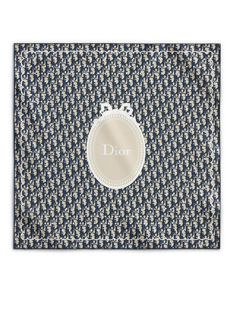 POLKADIOR OBLIQUE SQUARE SCARF IN NAVY BLUE AND BEIGE SILK TWILL