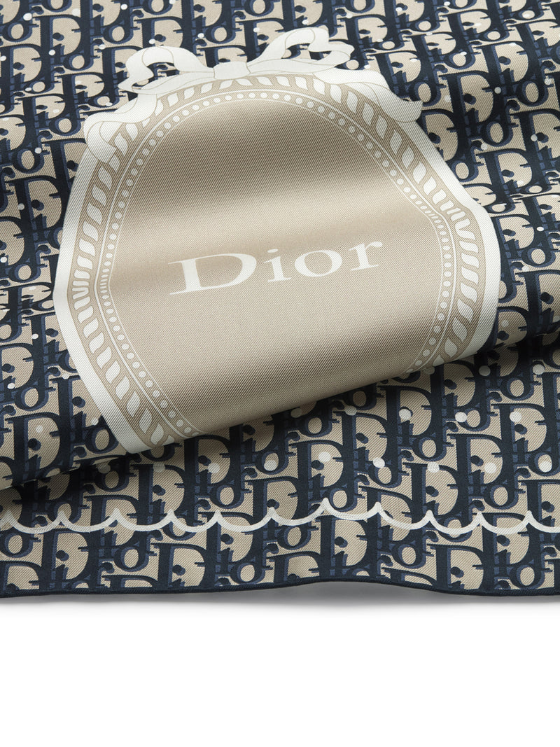 POLKADIOR OBLIQUE SQUARE SCARF IN NAVY BLUE AND BEIGE SILK TWILL