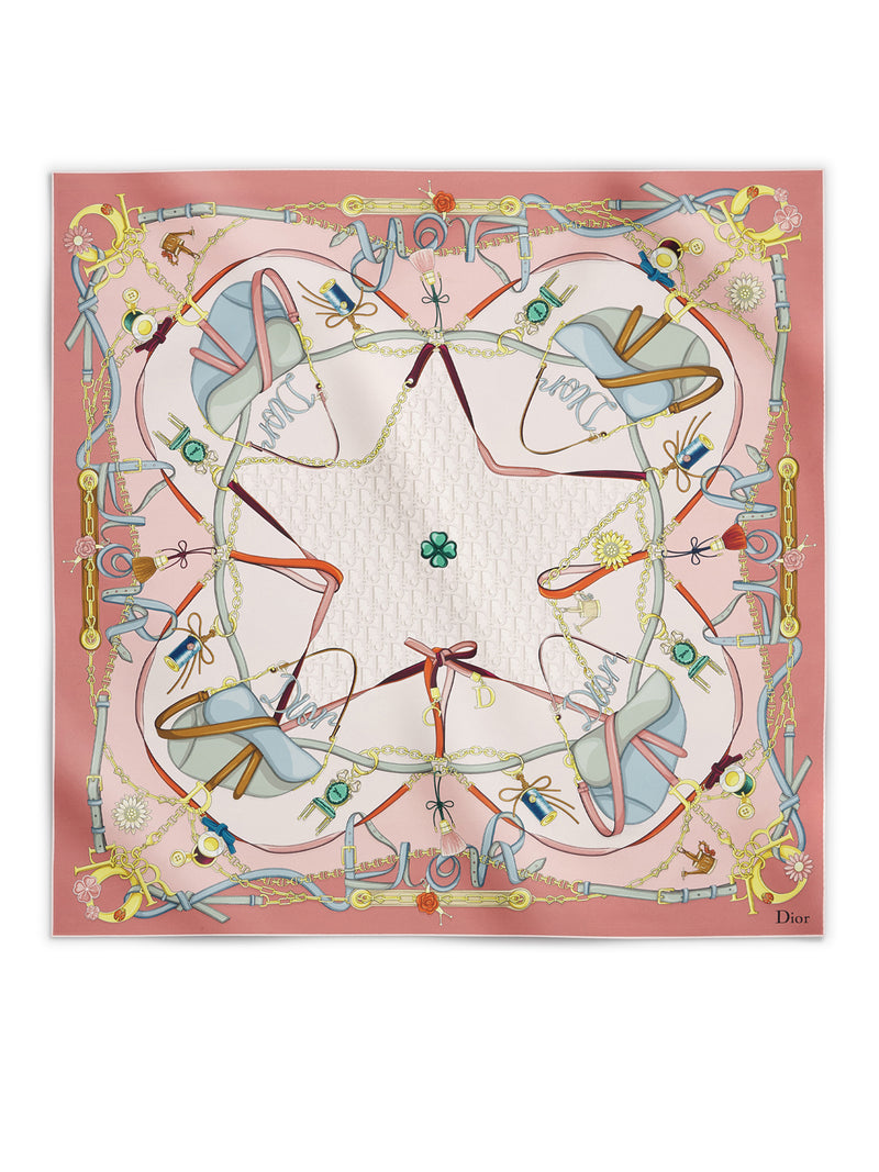 DIOR SADDLE CHARMS 90 SQUARE SCARF IN PINK AND YELLOW SILK TWILL