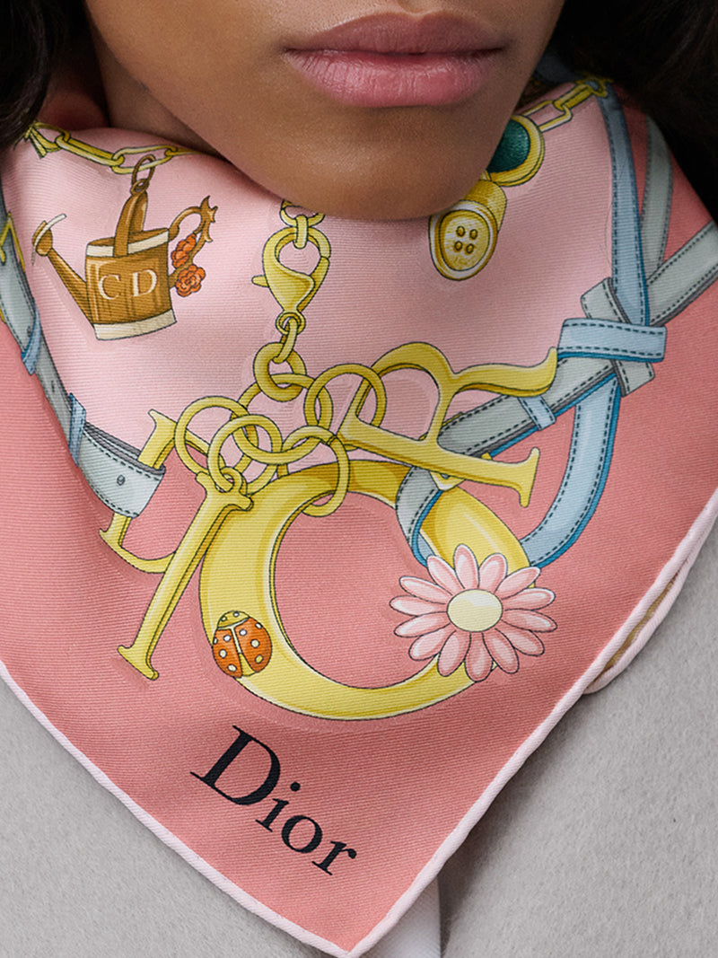 DIOR SADDLE CHARMS 90 SQUARE SCARF IN PINK AND YELLOW SILK TWILL