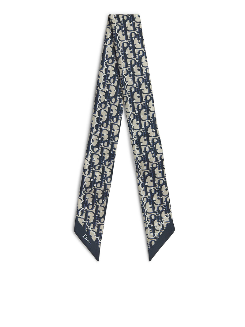 MITZAH POLKADIOR OBLIQUE SILK TWILL SCARF IN NAVY BLUE AND BEIGE