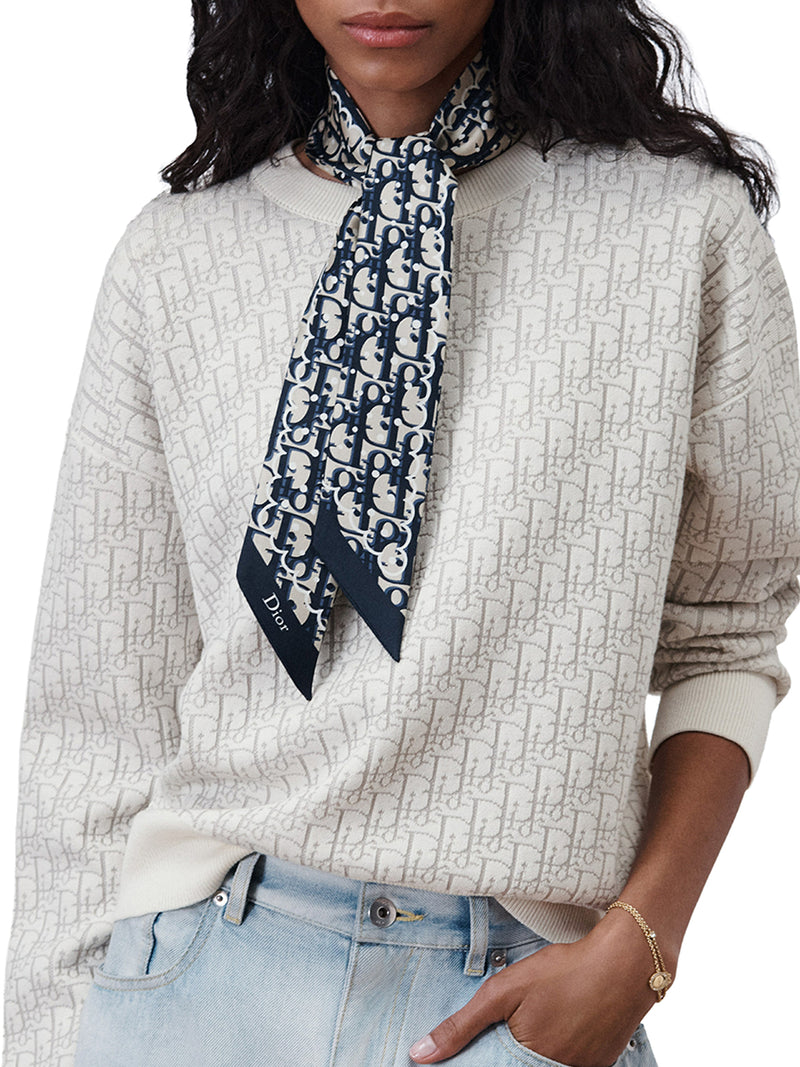 MITZAH POLKADIOR OBLIQUE SILK TWILL SCARF IN NAVY BLUE AND BEIGE